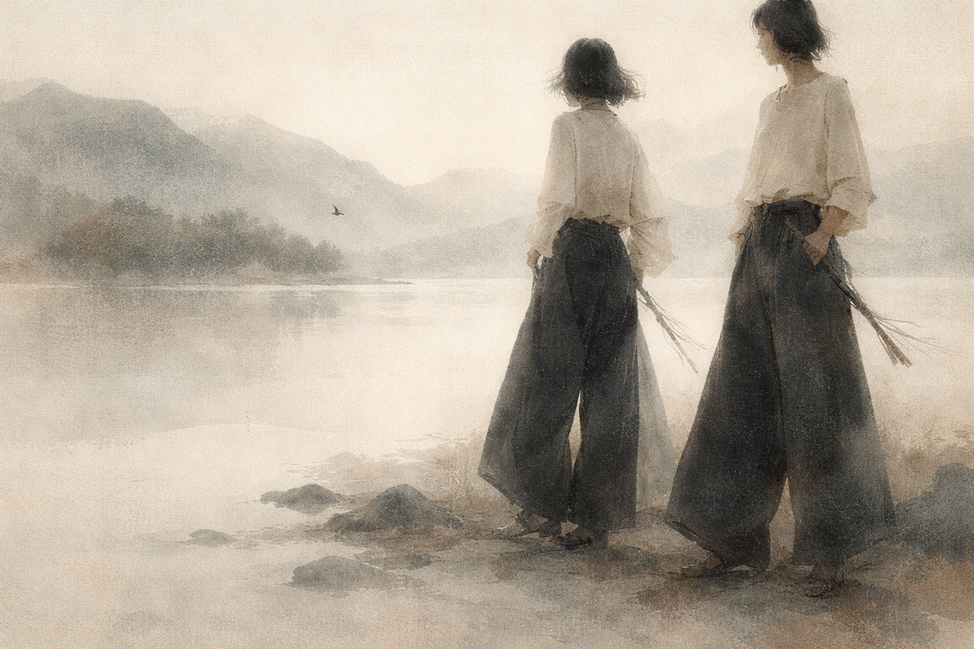 Two figures wearing traditional Japanese work pants stand by a calm lakeshore, comparing wide silhouettes that reflect the balance and movement of nikka and tobi pants in a natural setting.