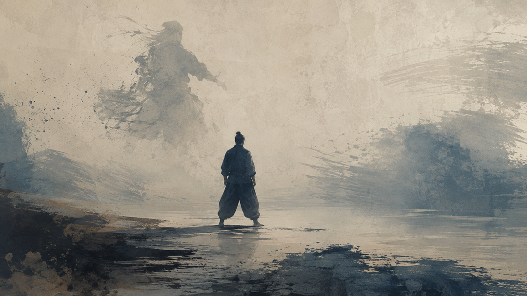 Abstract painting of a ninja-inspired figure wearing loose dark pants in a misty Japanese setting, contrasting the popular image of ninja clothing with the practical garments used historically.