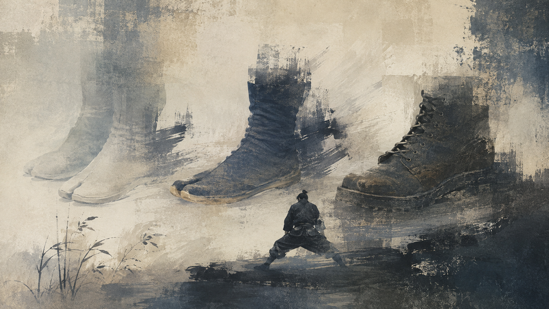 Abstract painting of traditional tabi and jikatabi footwear alongside a modern work boot, tracing the evolution from historic Japanese split-toe shoes to contemporary workwear.