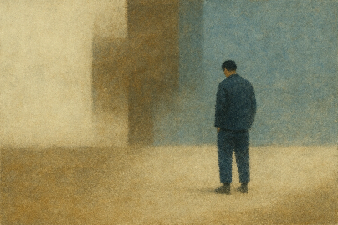 A man wearing noragi-style Japanese workwear stands quietly in a softly abstract urban space, expressing simplicity, practicality, and the enduring spirit of traditional work clothing.
