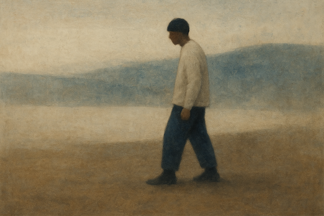 A man wearing traditional Japanese workwear walks quietly along an open landscape, highlighting the simple, practical silhouette that distinguishes classic workwear from noragi-style garments.