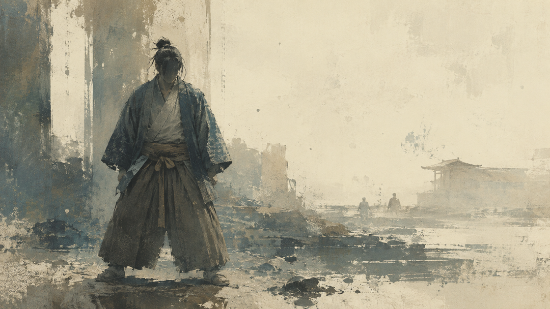 Abstract painting of a figure in layered kimono, hakama, and haori standing in a rustic Japanese setting, evoking Wano-inspired clothing and traditional workwear.