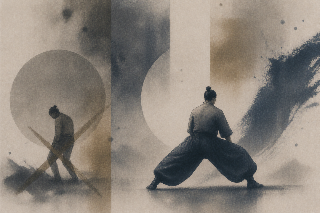 Abstract painting of a worker moving from a restricted stance into a wide, grounded position, illustrating how pant fit and volume can affect hip mobility and freedom of movement.