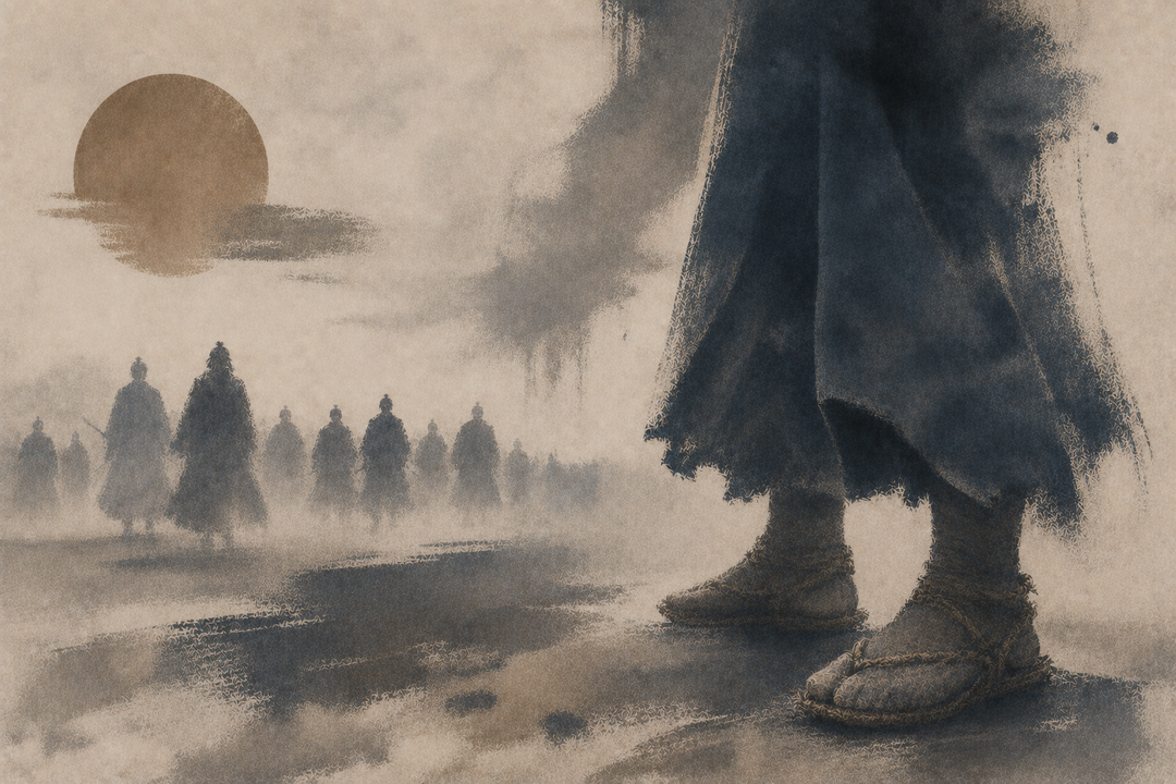 Abstract painting of samurai footwear including waraji, tabi, and zori beside a lone warrior figure, evoking the historical accuracy and practical dress portrayed in 13 Assassins.
