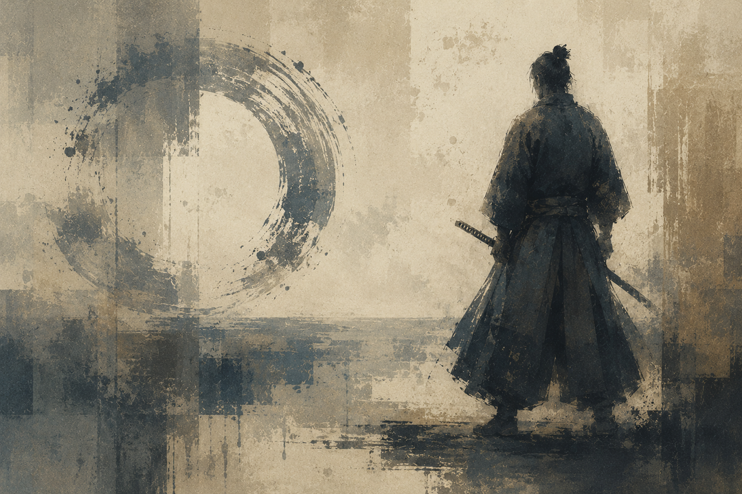 Abstract painting of a samurai in dark hakama standing beside an ink-brushed ensō circle in muted beige and charcoal tones.
