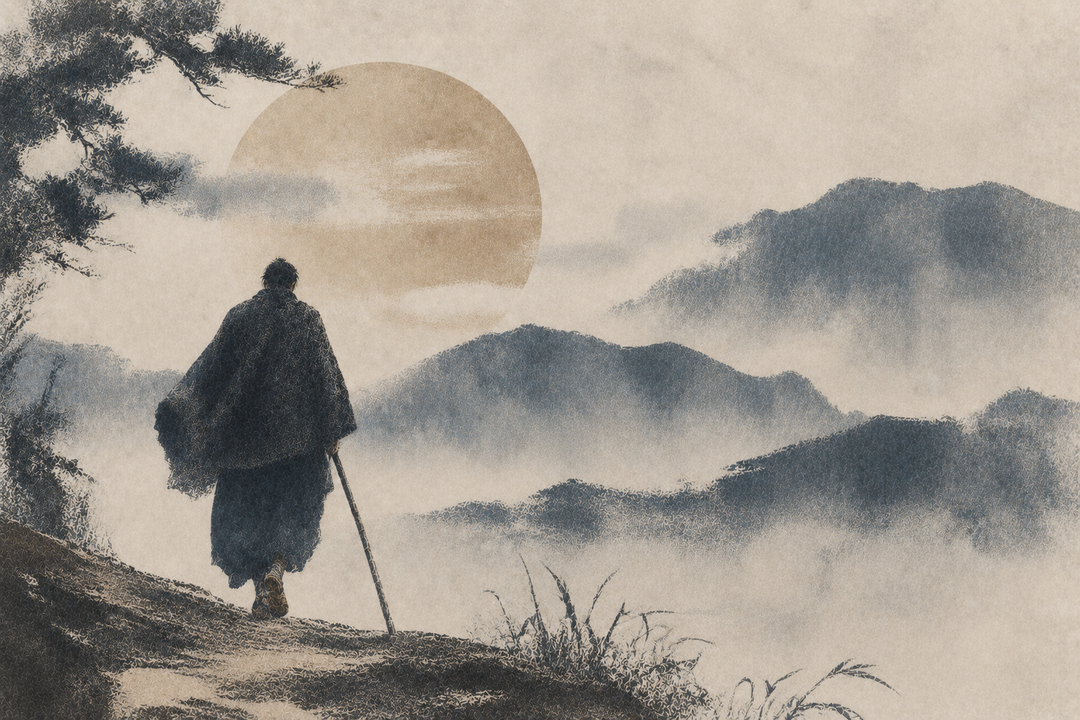 Abstract painting of a lone traveler in traditional Japanese clothing and tabi footwear, evoking the history of tabi through the wandering, Edo-era atmosphere associated with Zatoichi.