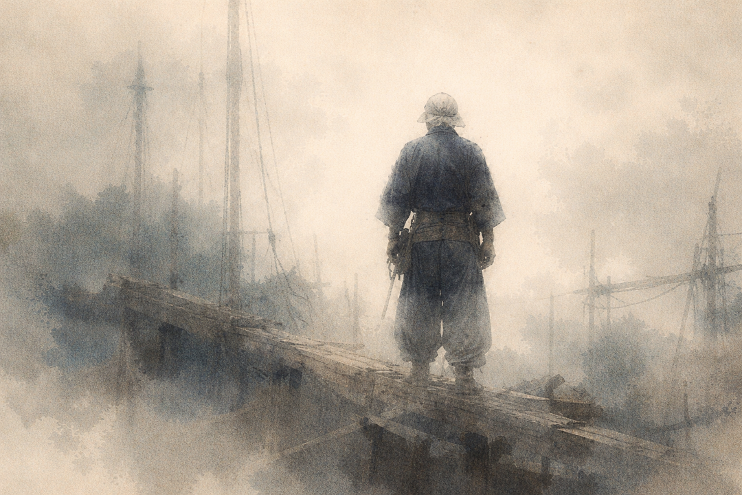 A Japanese construction worker wearing traditional nikka pants stands on wooden scaffolding, illustrating the historical origins of nikka pants as functional workwear.
