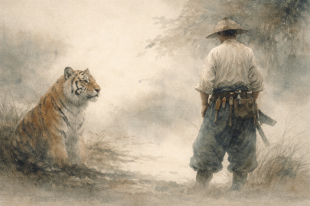 Craftsman wearing traditional Japanese tobi pants stands facing a resting tiger, highlighting the workwear’s functional silhouette, tool belt details, and strong sense of balance and movement.