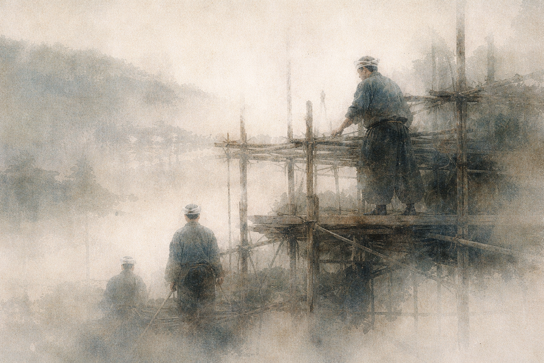Workers wearing traditional Japanese work clothing stand on wooden scaffolding in a misty setting, illustrating the philosophy behind Japanese workwear—trust, balance, and clothing designed to support collective movement and craft.