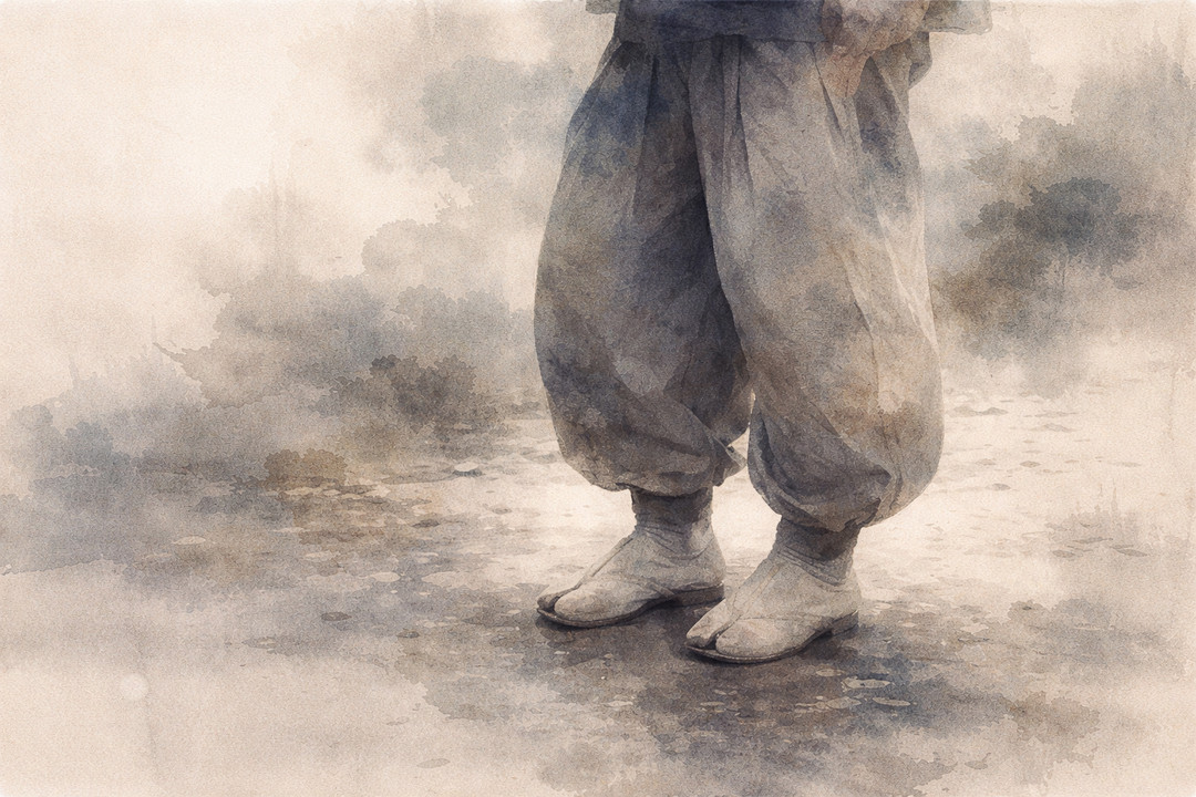 Japanese tobi pants paired with jikatabi boots, highlighting the wide-leg silhouette and tapered ankles that define traditional Japanese workwear fit.