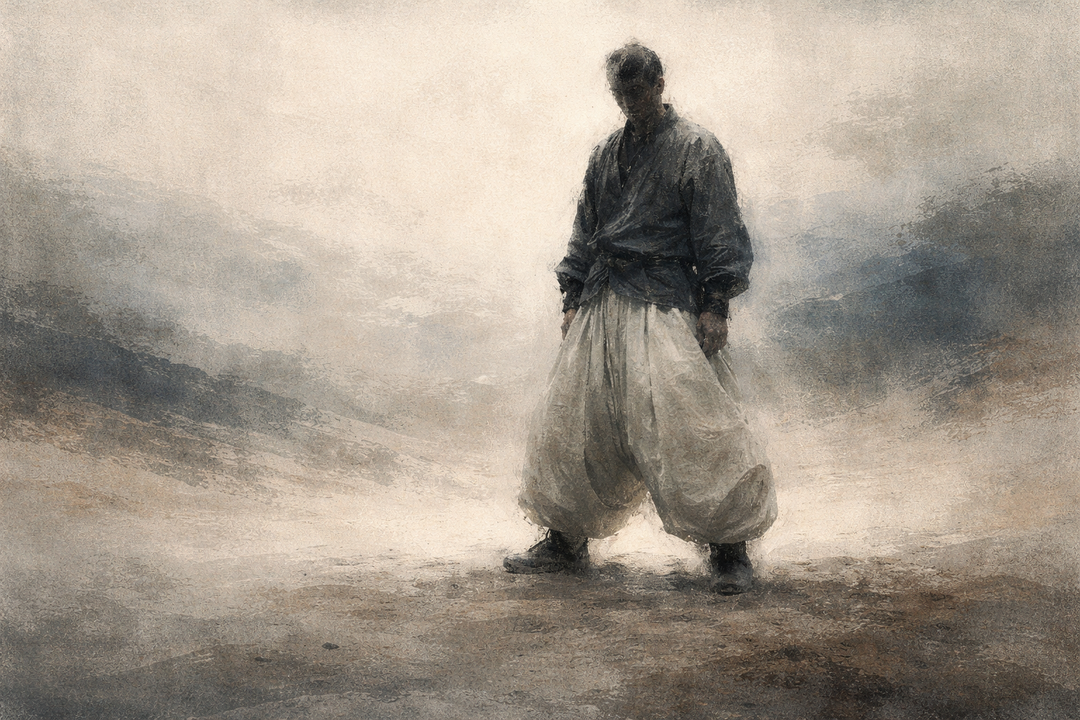 Person wearing Japanese tobi pants standing in an open landscape, showing the intentionally long length, wide volume, and balanced silhouette characteristic of traditional tobi workwear.