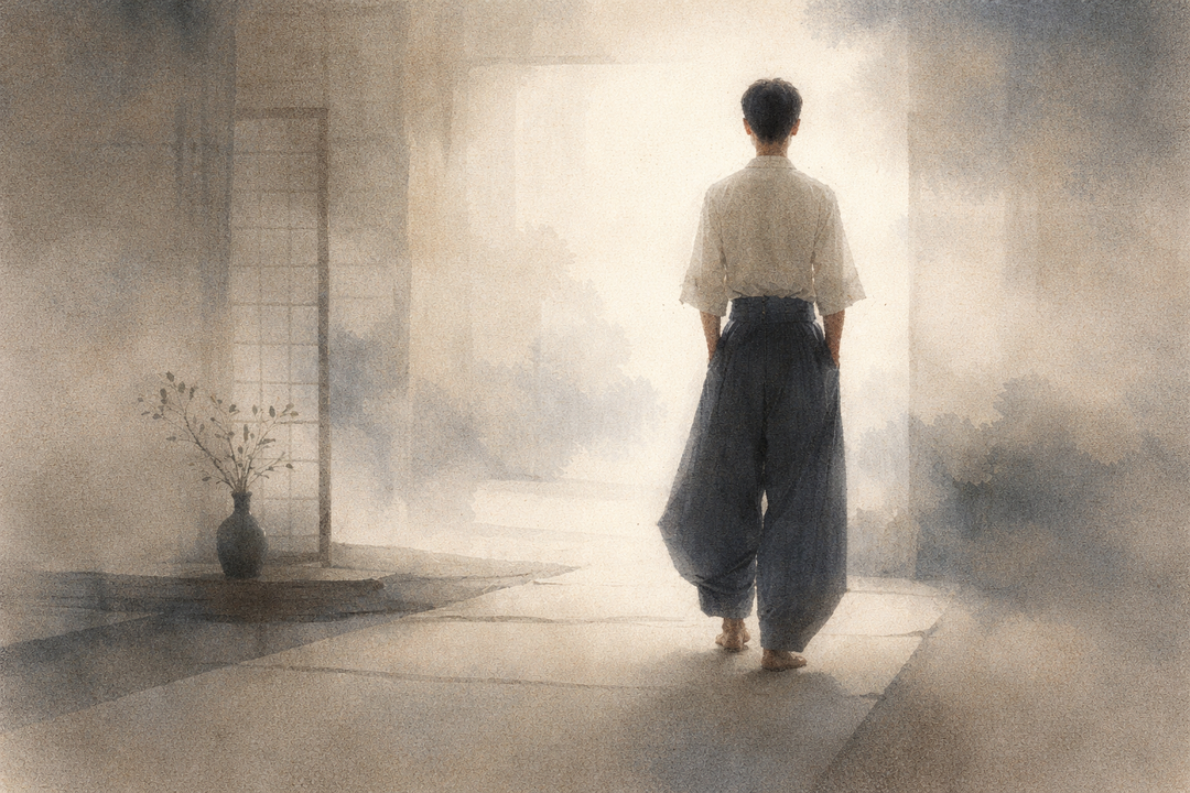 Person wearing Japanese tobi pants indoors, shown from the back, illustrating the high-rise waist, wide-leg volume, and balanced proportions of traditional Japanese workwear.