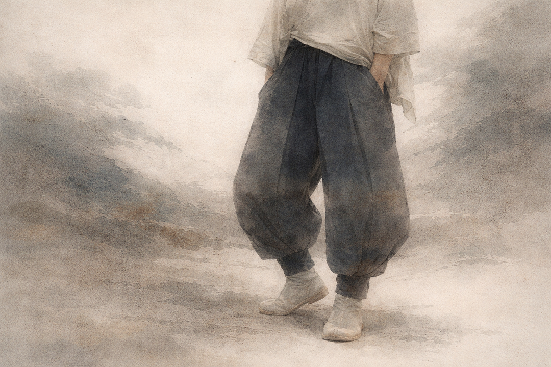 Person wearing Japanese tobi pants with a wide, balloon-like silhouette, styled for everyday wear, showing relaxed volume, tapered cuffs, and practical workwear roots.
