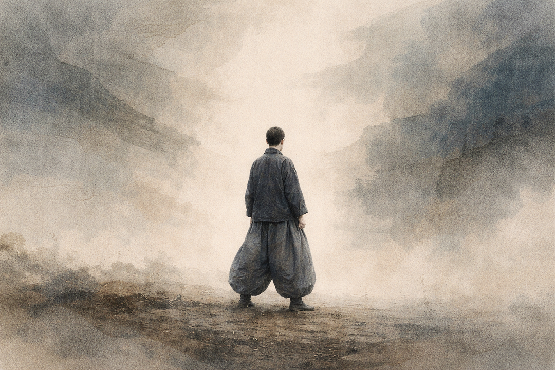A man seen from behind wearing tobi pants for everyday use, standing in a misty landscape, expressing who these Japanese work pants are for—those who value comfort, movement, and quiet strength in daily life.