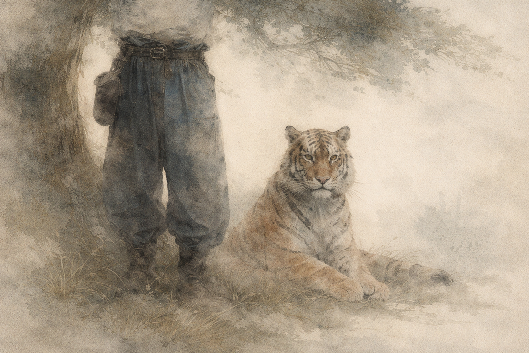Person wearing Japanese tobi pants standing beside a resting tiger, emphasizing the wide silhouette, natural stance, and the contrast between traditional workwear and a calm, powerful presence.