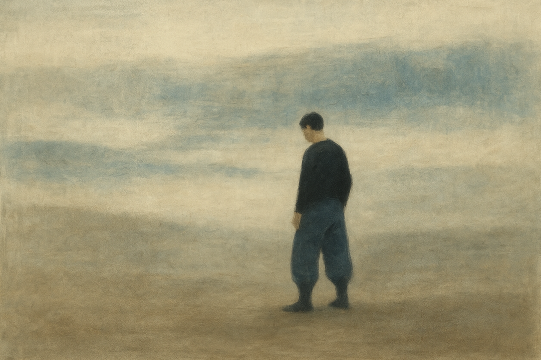 A man wearing Japanese tobi pants stands in a hazy, open landscape, highlighting the distinctive wide-leg silhouette and calm, grounded presence that set traditional Japanese workwear apart from modern cargo pants.