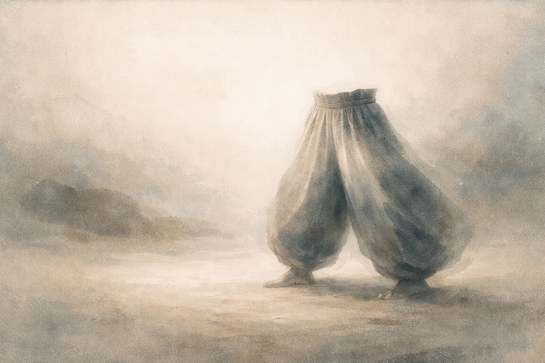 Traditional Japanese tobi pants standing alone in a misty landscape, emphasizing the wide, sculptural silhouette and the sense of movement, space, and function inherent in Japanese workwear design.