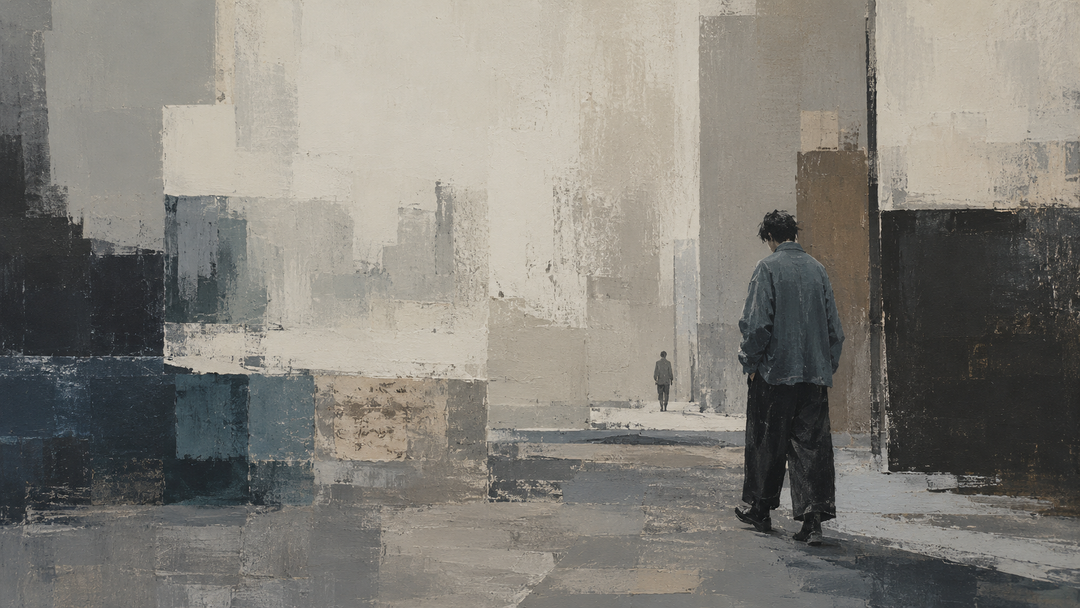 Abstract painting of a man walking through a minimalist city street in loose workwear-inspired clothing, evoking Tokyo street fashion through utility, simplicity, and everyday style.