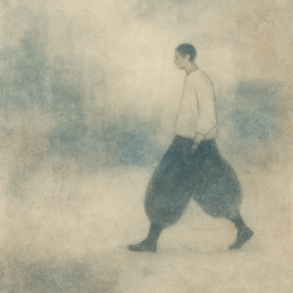A person wearing wide Japanese workwear pants walks calmly through a misty, minimalist urban setting, highlighting the relationship between movement, silhouette, and function.