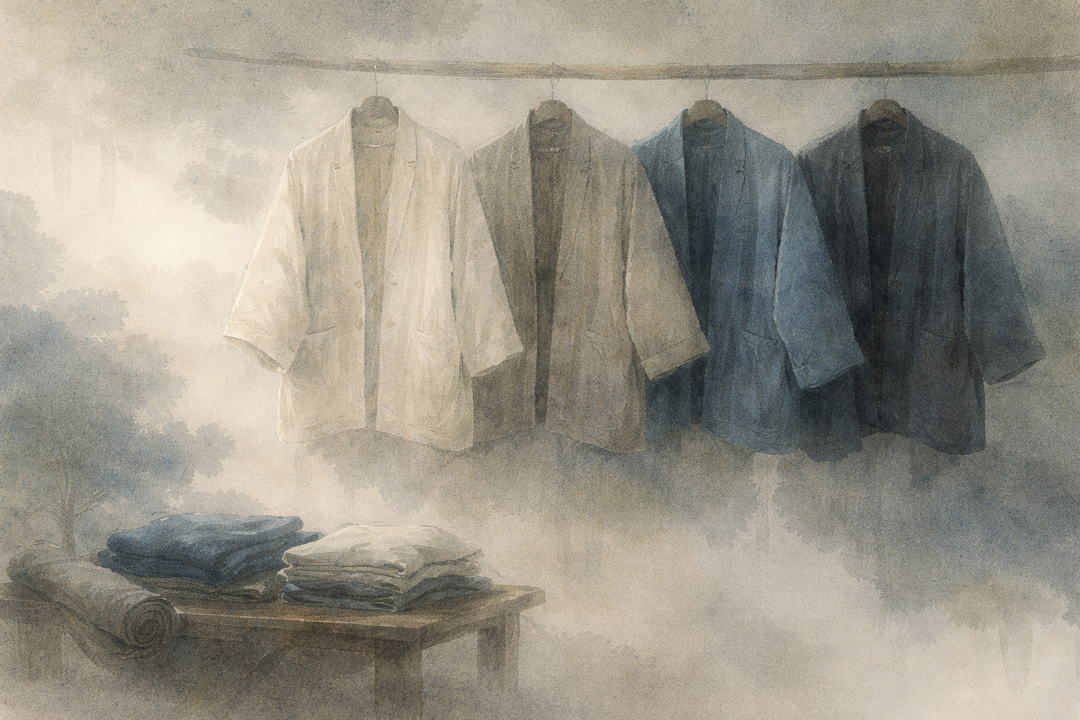 A row of Toraichi work jackets hangs neatly on a wooden rod, showcasing traditional Japanese work jacket silhouettes in neutral and indigo tones, blending heritage design with modern everyday appeal.