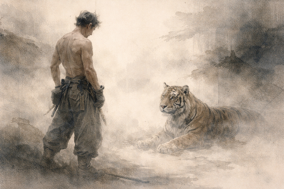 A craftsman wearing traditional Japanese work pants stands calmly facing a resting tiger, symbolizing strength, discipline, and the quiet tension between human skill and natural power.