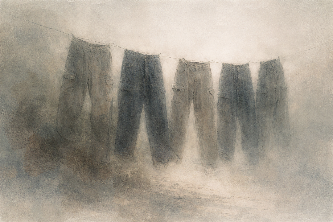 Several pairs of Toraichi work pants hang on a line in soft light, highlighting their varied silhouettes and textures and showing why their utilitarian design adapts naturally to everyday fashion beyond the job site.