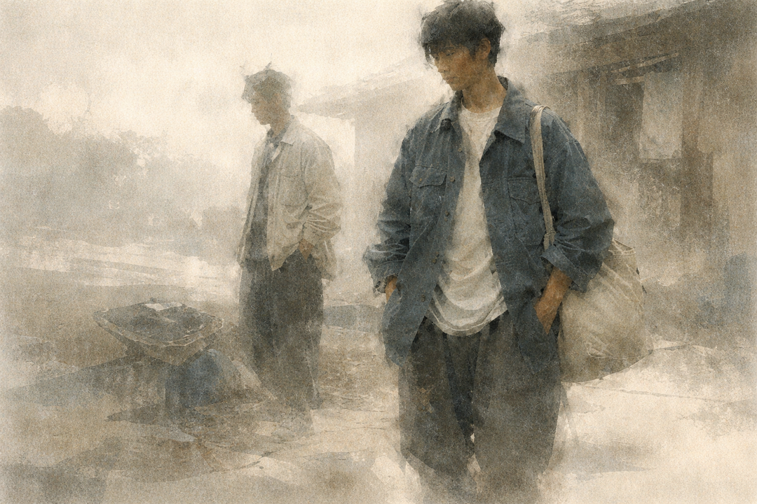 Two men wearing Toraichi workwear stand at a construction site, showing relaxed silhouettes, durable fabrics, and a balance between traditional workwear philosophy and everyday practicality.
