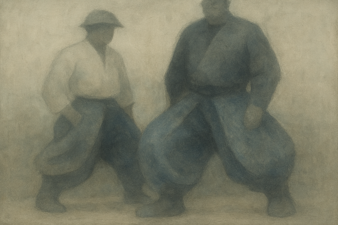 Two figures wearing traditional Japanese workwear pants move together in a misty scene, emphasizing volume, balance, and the shared rhythm of movement rooted in workwear culture.
