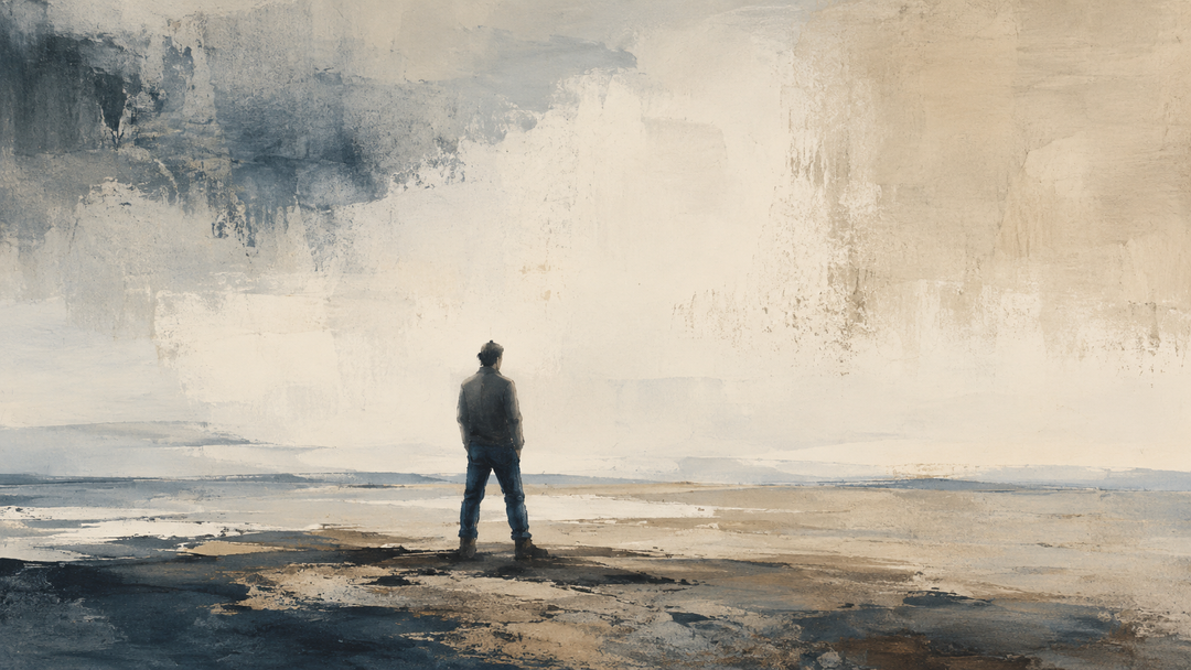 Abstract painting of a man in fitted work-style pants and boots standing in an open landscape, evoking the practical silhouette of Western jeans, cowboy-cut pants, and riding trousers.