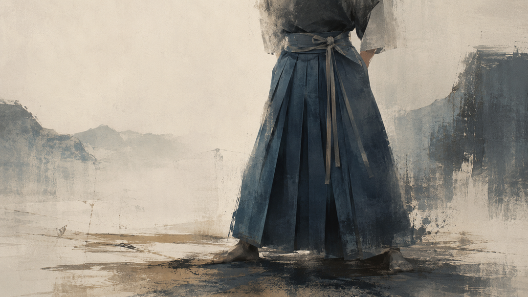Abstract painting of traditional Japanese hakama pants, highlighting their deep pleats, wide silhouette, and tied waist in muted indigo and beige tones.
