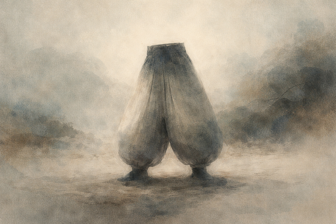 A pair of traditional Japanese work pants standing alone in a misty landscape, highlighting the wide silhouette and structure that define what Japanese work pants are called and why they are distinct.