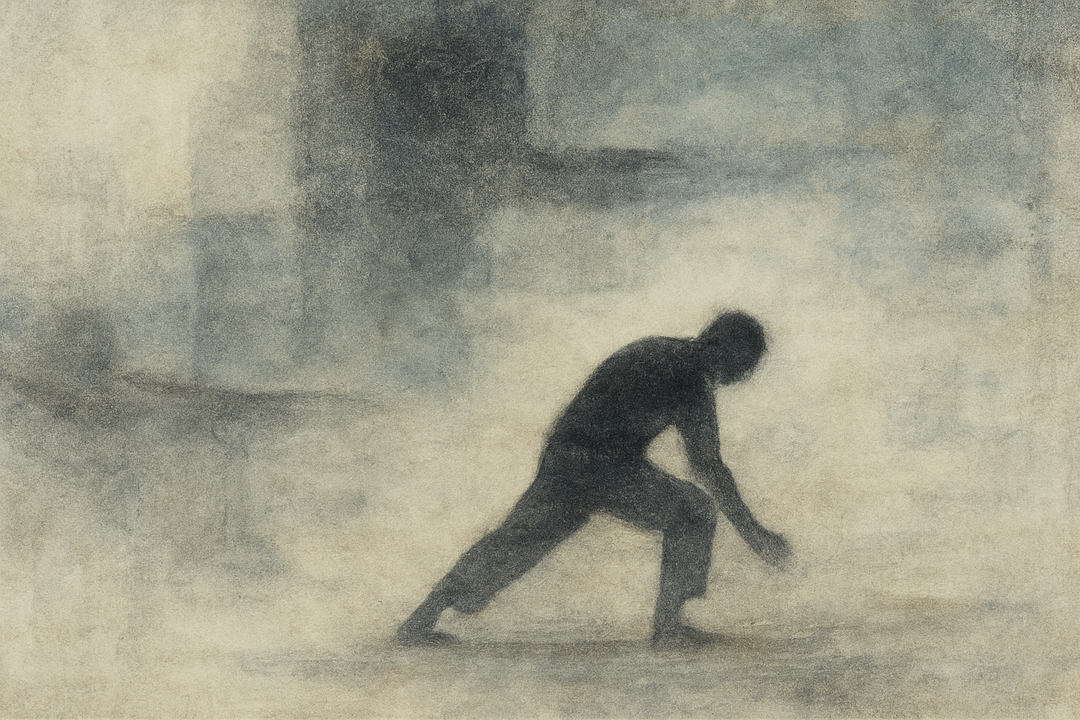 A worker leans forward in a grounded stance, capturing the balance, movement, and practicality that define Nikkapokka pants, Japan’s bold and functional workwear.