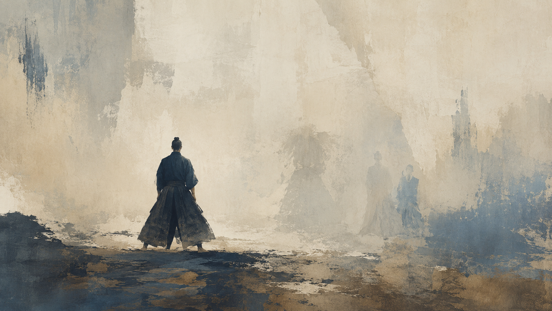 Abstract painting of a samurai standing in wide traditional Japanese pants, evoking hakama and other historical garments such as kobakama and momohiki.