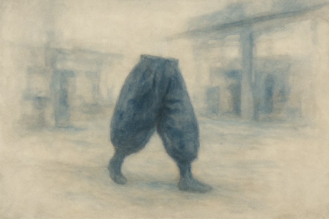 Japanese tobi pants are shown in motion within a misty worksite-like setting, emphasizing their iconic wide silhouette, balance, and movement-oriented design rooted in Japan’s construction workwear tradition.