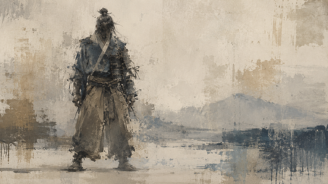 Abstract painting of a samurai in layered kimono, hakama, and partial armor, evoking the rugged clothing and historical atmosphere of Seven Samurai.