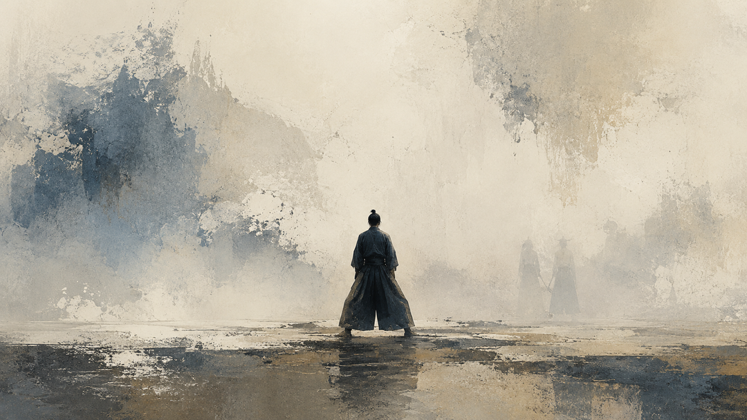 Abstract painting of a samurai standing in traditional Japanese hakama, the wide pleated trousers commonly associated with samurai clothing.