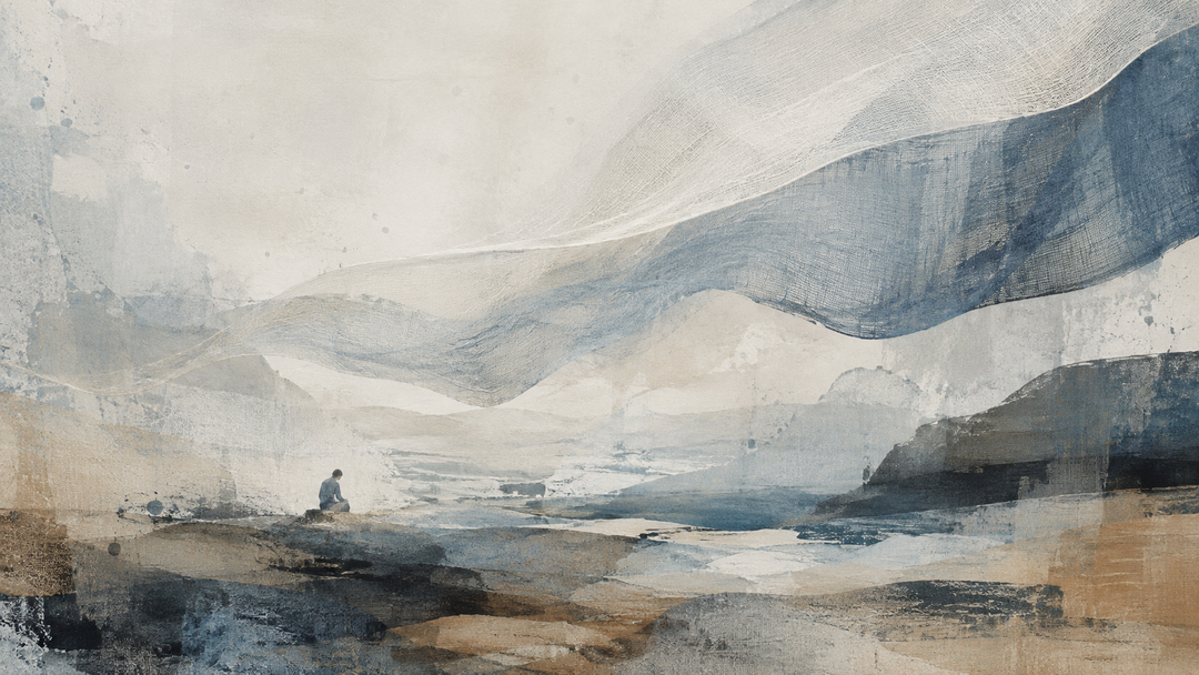 Abstract painting of flowing fabric textures over a quiet landscape, evoking breathable, lightweight materials suited to Japanese summer workwear.