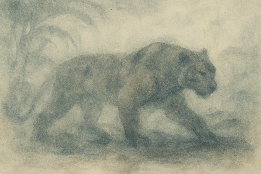 A powerful tiger walks forward through a misty landscape, symbolizing strength, resilience, and the spirit behind Toraichi, a legendary name in Japanese workwear.
