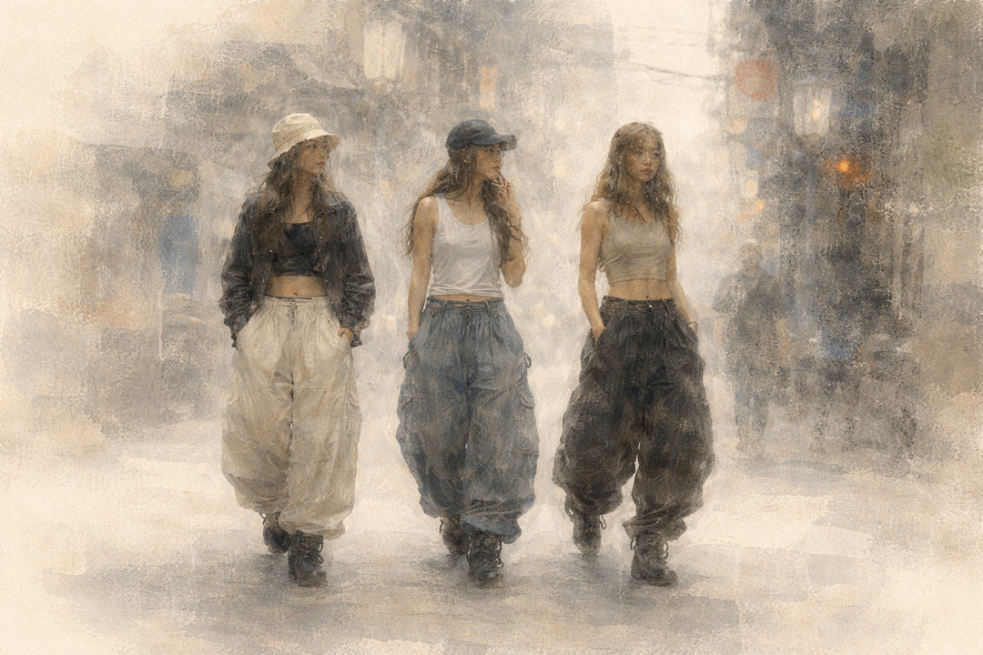 Three women walking through a city street wearing tobi pants, showing how wide silhouettes and functional workwear appeal to people drawn to comfort, movement, and distinctive style.
