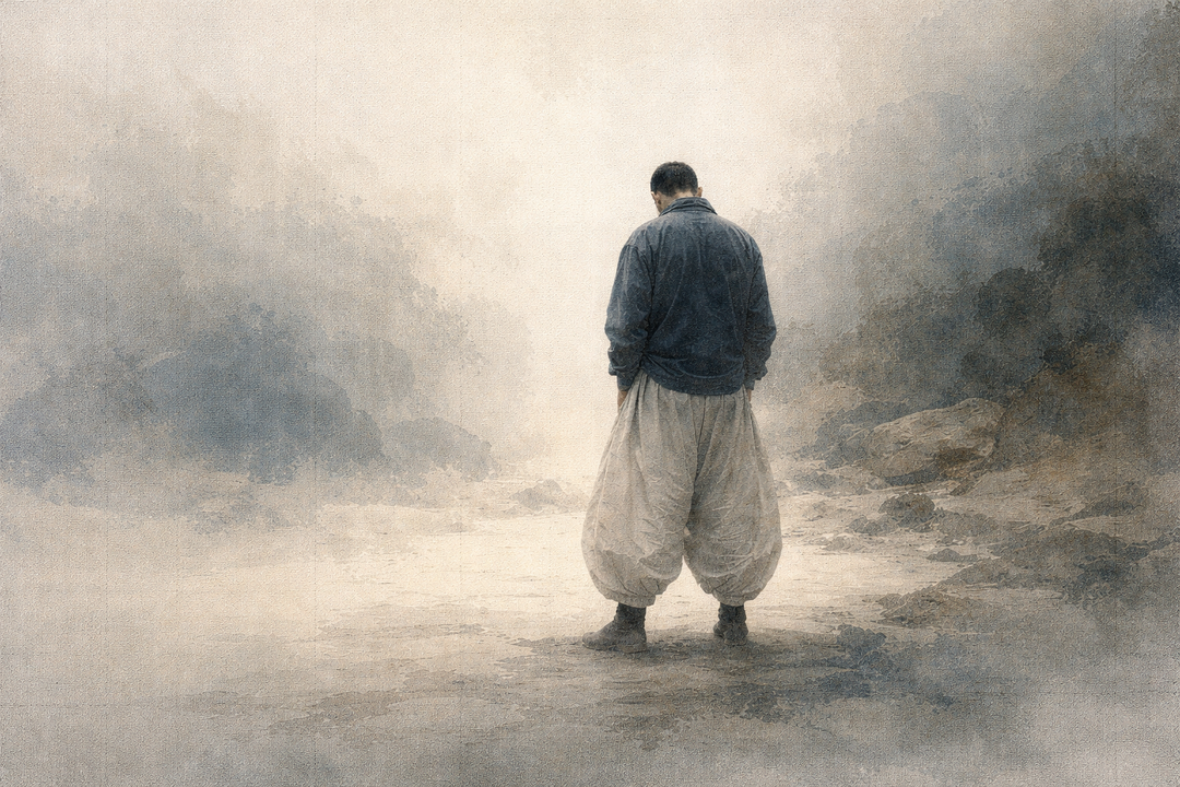 A solitary figure wearing Japanese workwear stands in a misty landscape, viewed from behind, embodying the timeless appeal of Japanese workwear through restraint, durability, and a quiet sense of purpose.
