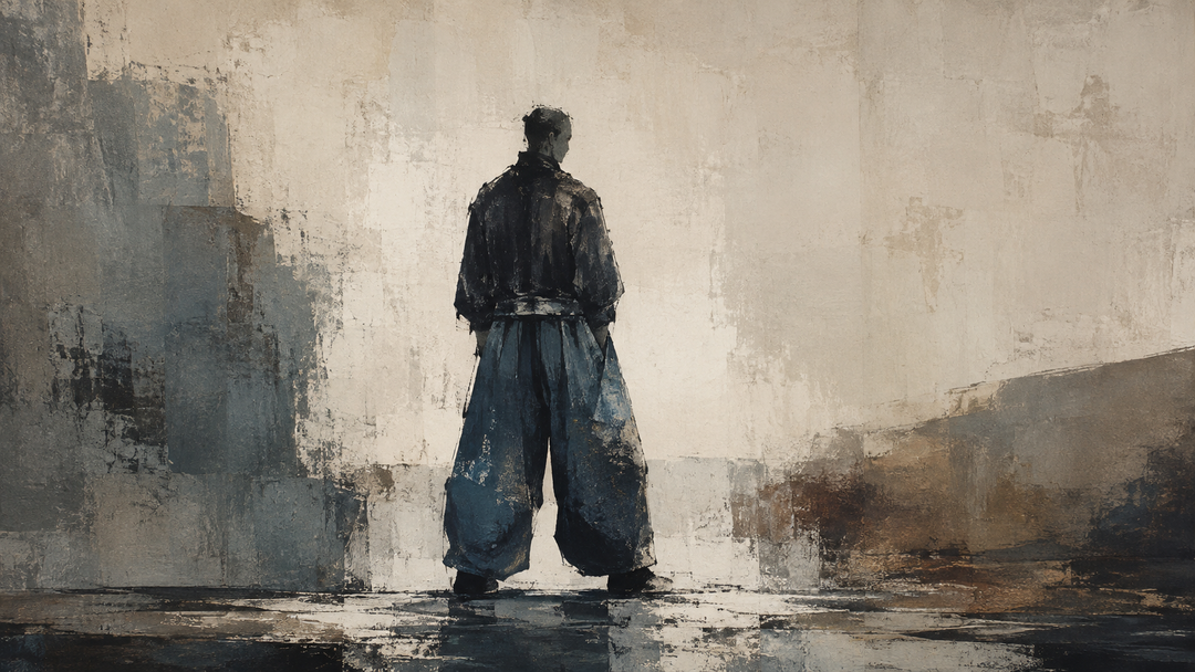 Abstract painting of a figure seen from behind wearing oversized, voluminous pants, emphasizing the silhouette, fullness, and structure that define a baggy fit.