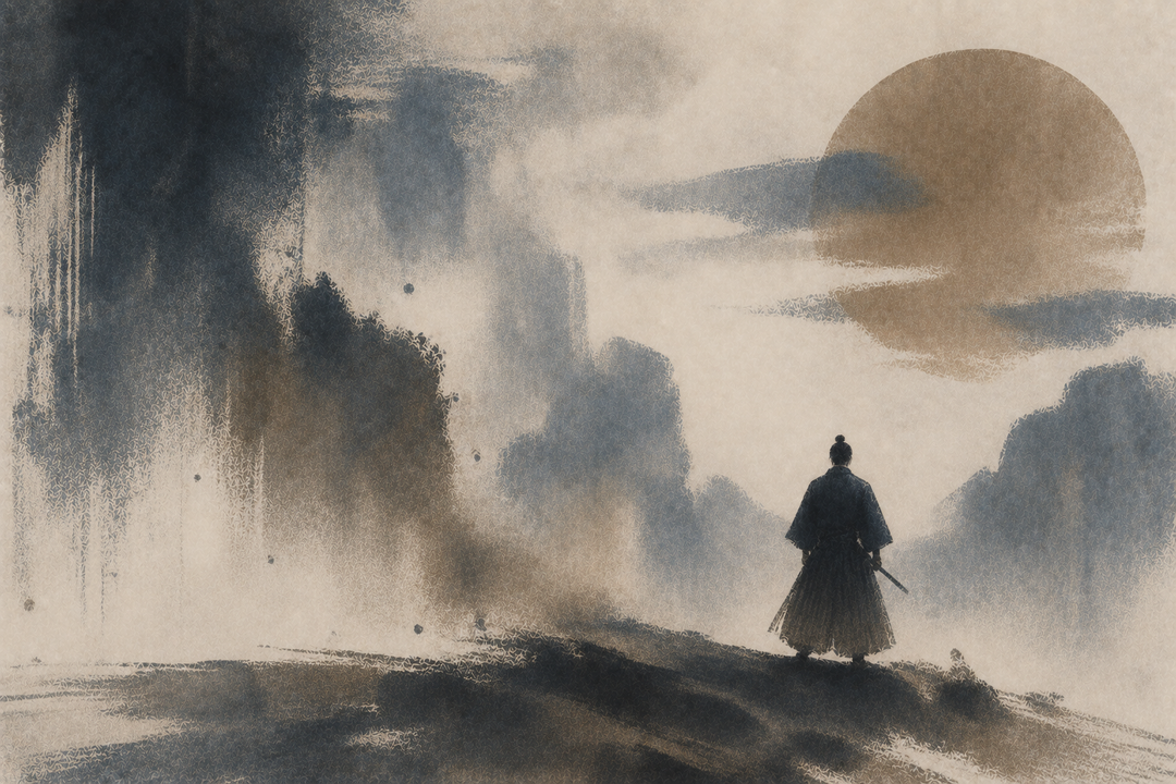Abstract painting of a samurai wearing layered hakama-style trousers beneath traditional armor, evoking the practical clothing and protective layers used by samurai.