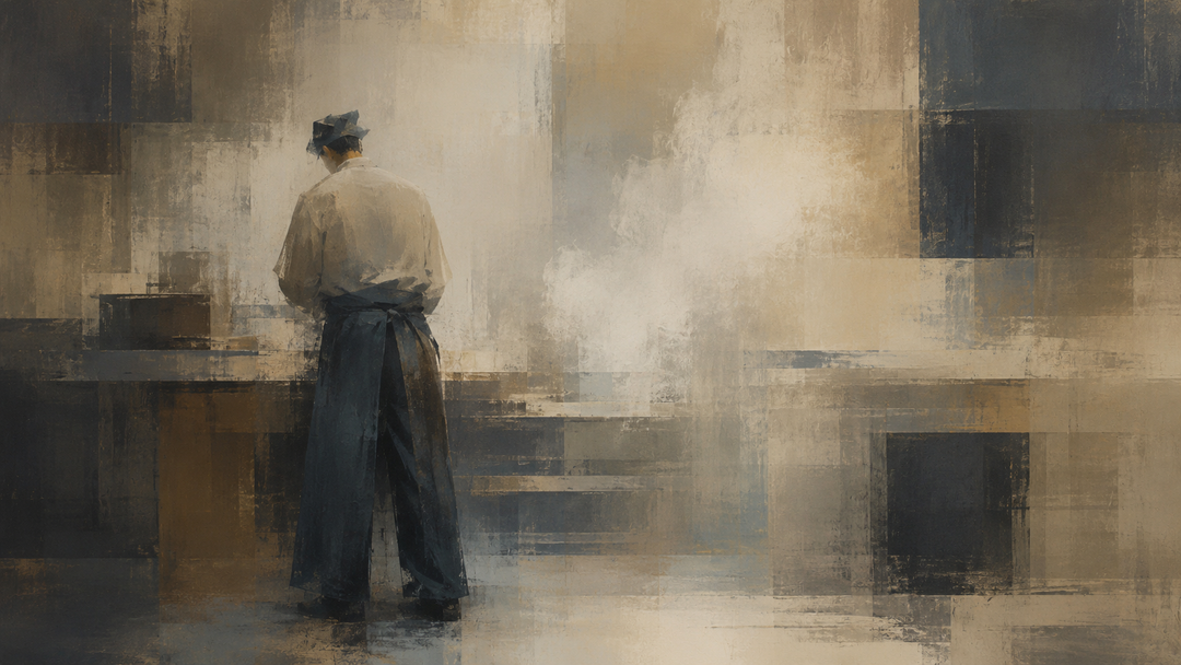 Abstract painting of a kitchen worker wearing a white chef jacket and loose dark work trousers, illustrating practical chef pants and workwear for a professional kitchen.