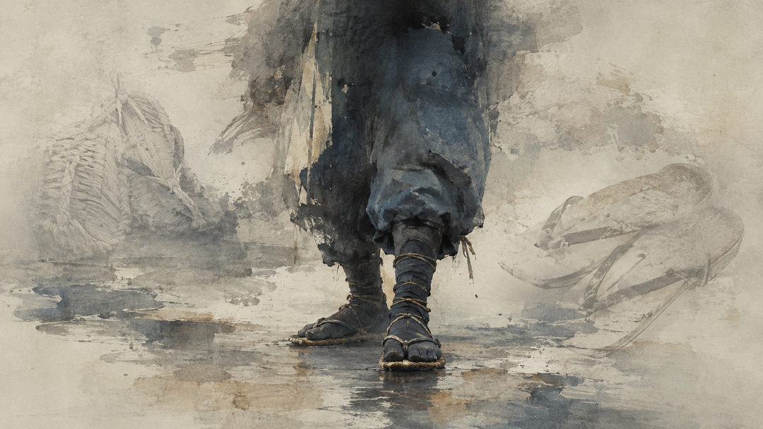 Abstract painting of a ninja wearing traditional tabi and waraji-style footwear, with sketches of Japanese sandals in the background in muted indigo and beige tones.