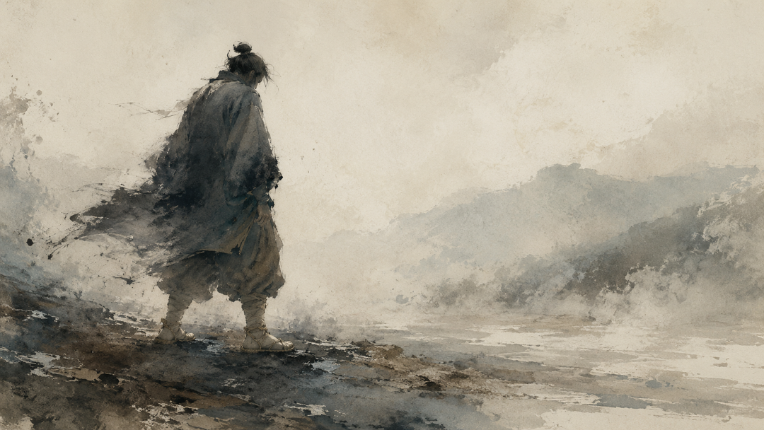 Abstract painting of a samurai wearing traditional Japanese footwear, evoking waraji, zori, and tabi in a misty landscape.