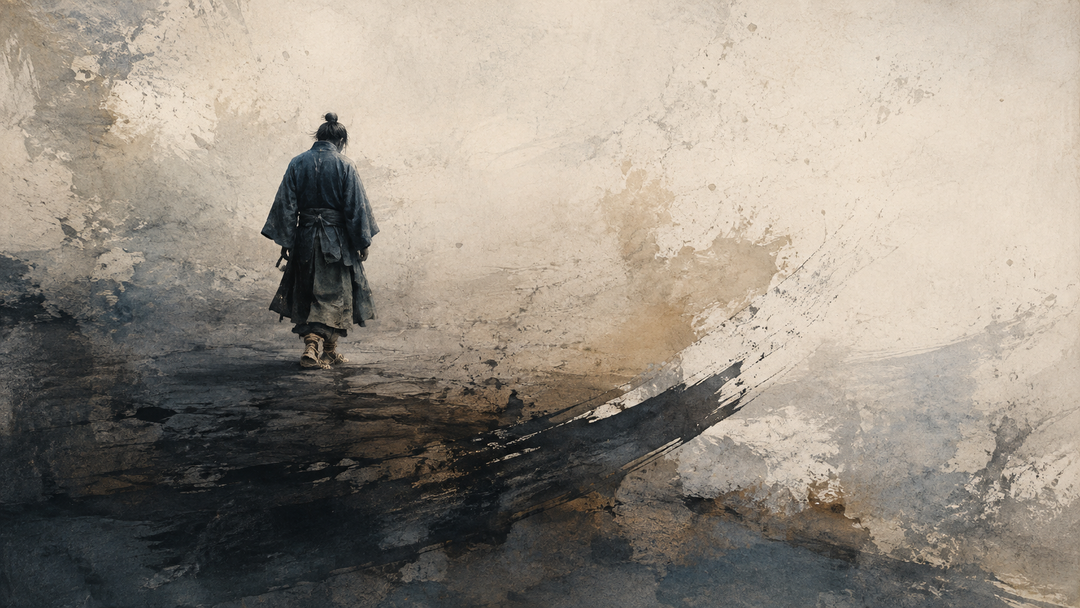 Abstract painting of a samurai walking in traditional layered clothing with straw waraji-style footwear, evoking the historic shoes and garments seen in The Last Samurai.