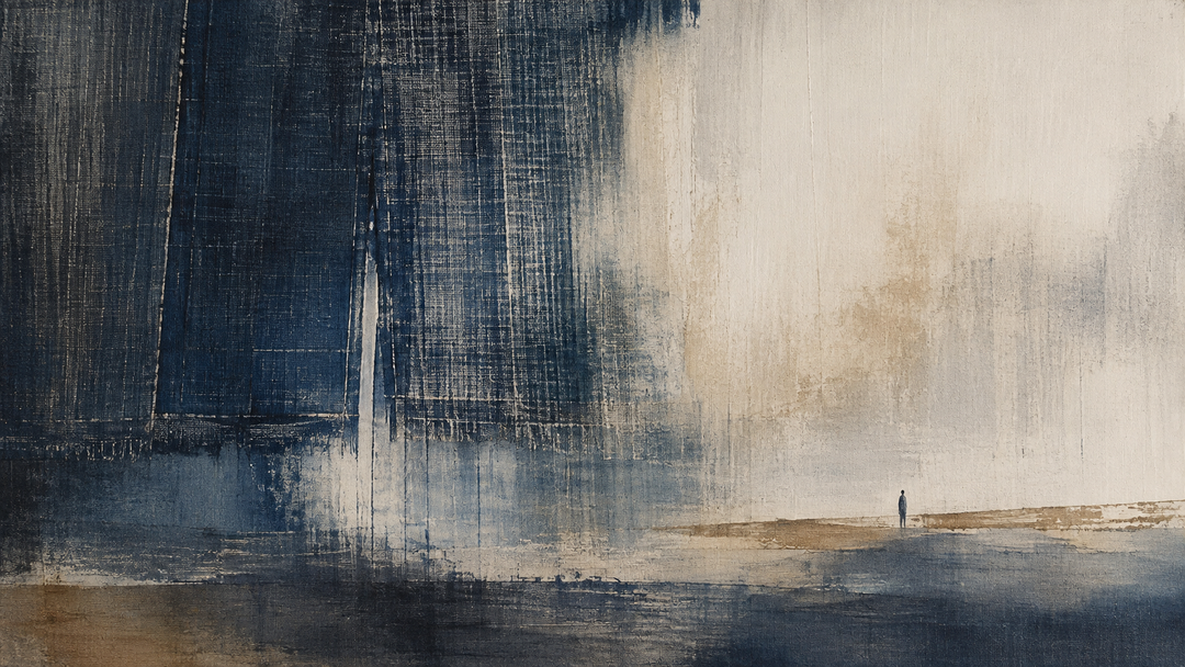 Abstract painting of layered indigo denim textures with visible slub-like irregularities, evoking the depth, character, and rugged appeal of textured workwear fabric.