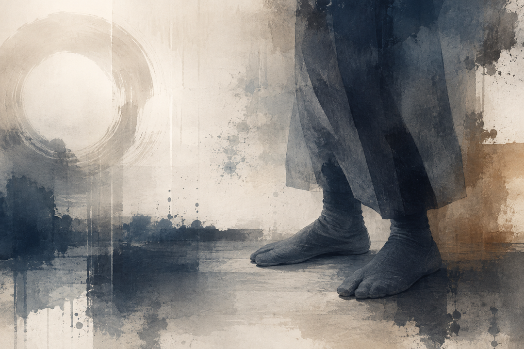 Abstract painting of split-toe socks beside jikatabi footwear, illustrating how tabi socks match the divided-toe shape for a more natural fit and comfortable wear.