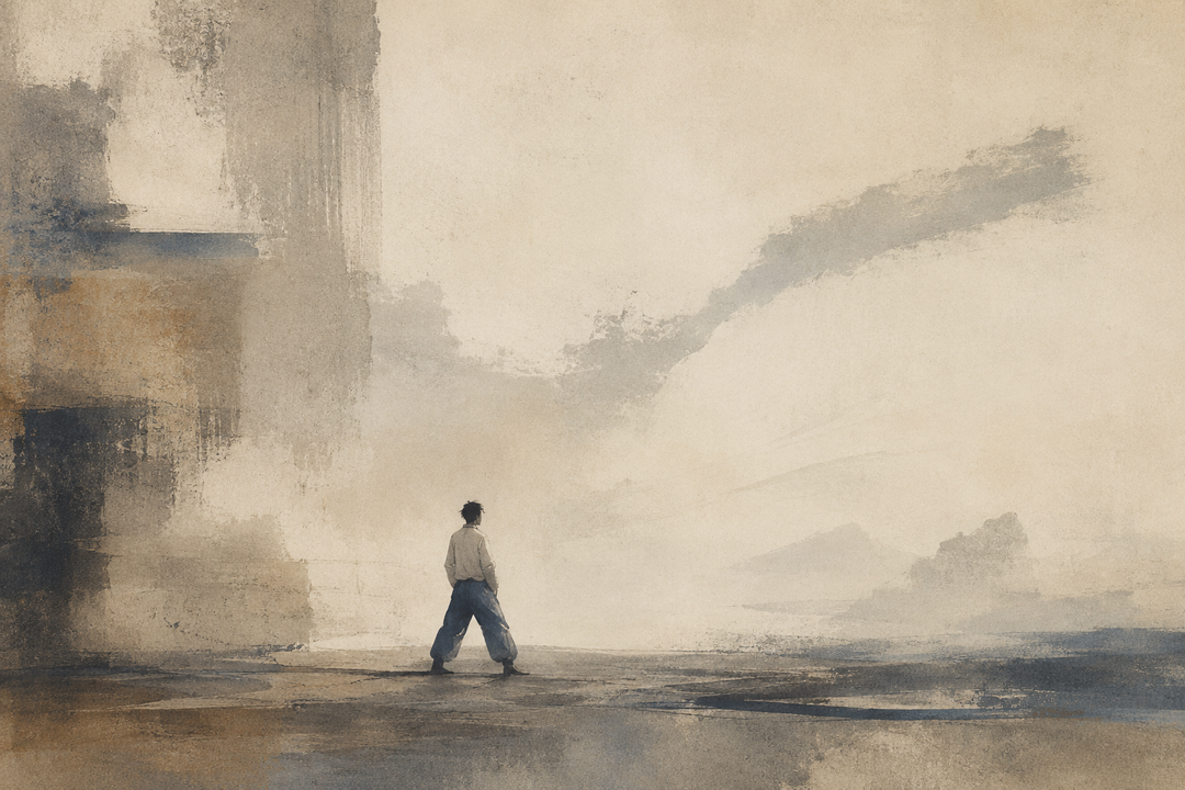 Abstract painting of a worker standing in loose, flexible work pants, suggesting a softer and more mobile alternative to stiff denim work jeans.