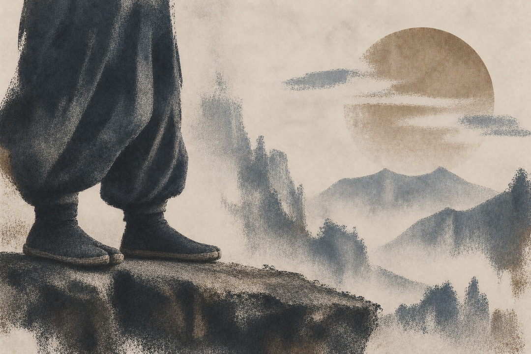 Abstract painting of jikatabi-style split-toe footwear beside heavier work boots, suggesting differences in protection, comfort, and suitability for demanding job conditions.